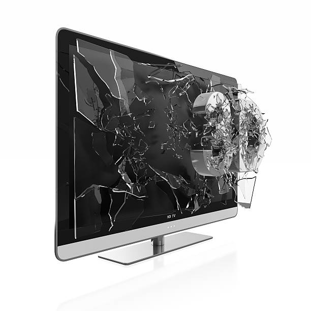 Illustration of 3D text breaking TV screen. Stereoscopic TV.